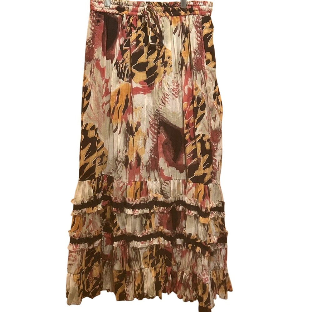 Mix Nouveau Womens Multicolor Print Midi Skirt Sz M Elastic Waist Boho Peasant